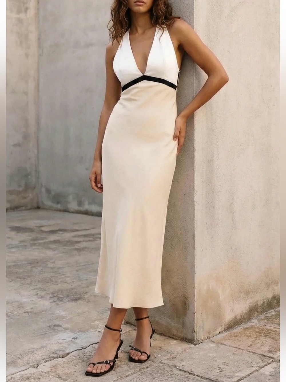 Zara Cream Color Block Linen Blend Maxi Dress-NWT